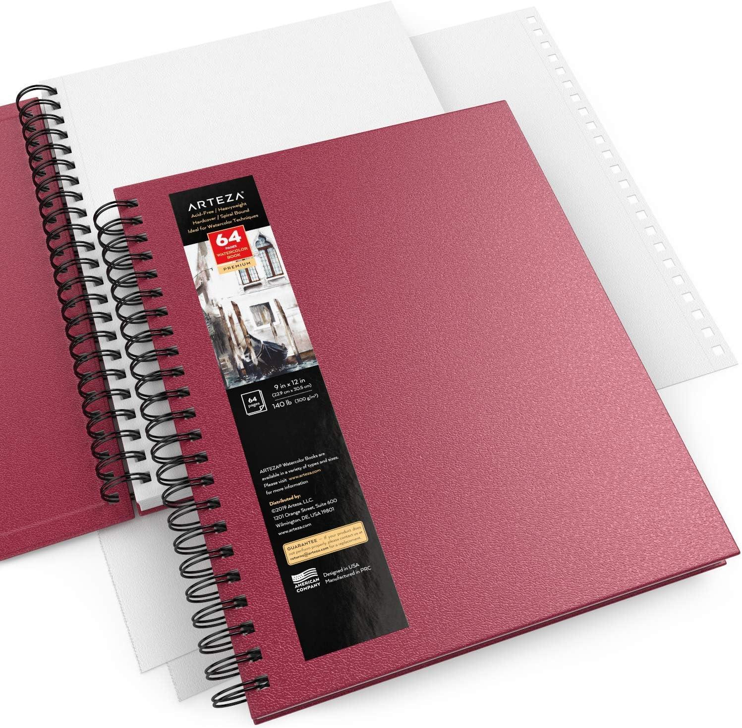 imageARTEZA Watercolor Sketchbook 2Pack 64 Pages Each 9 x 12 Inches Brown Hardcover 140Pound SpiralBound PaperPink
