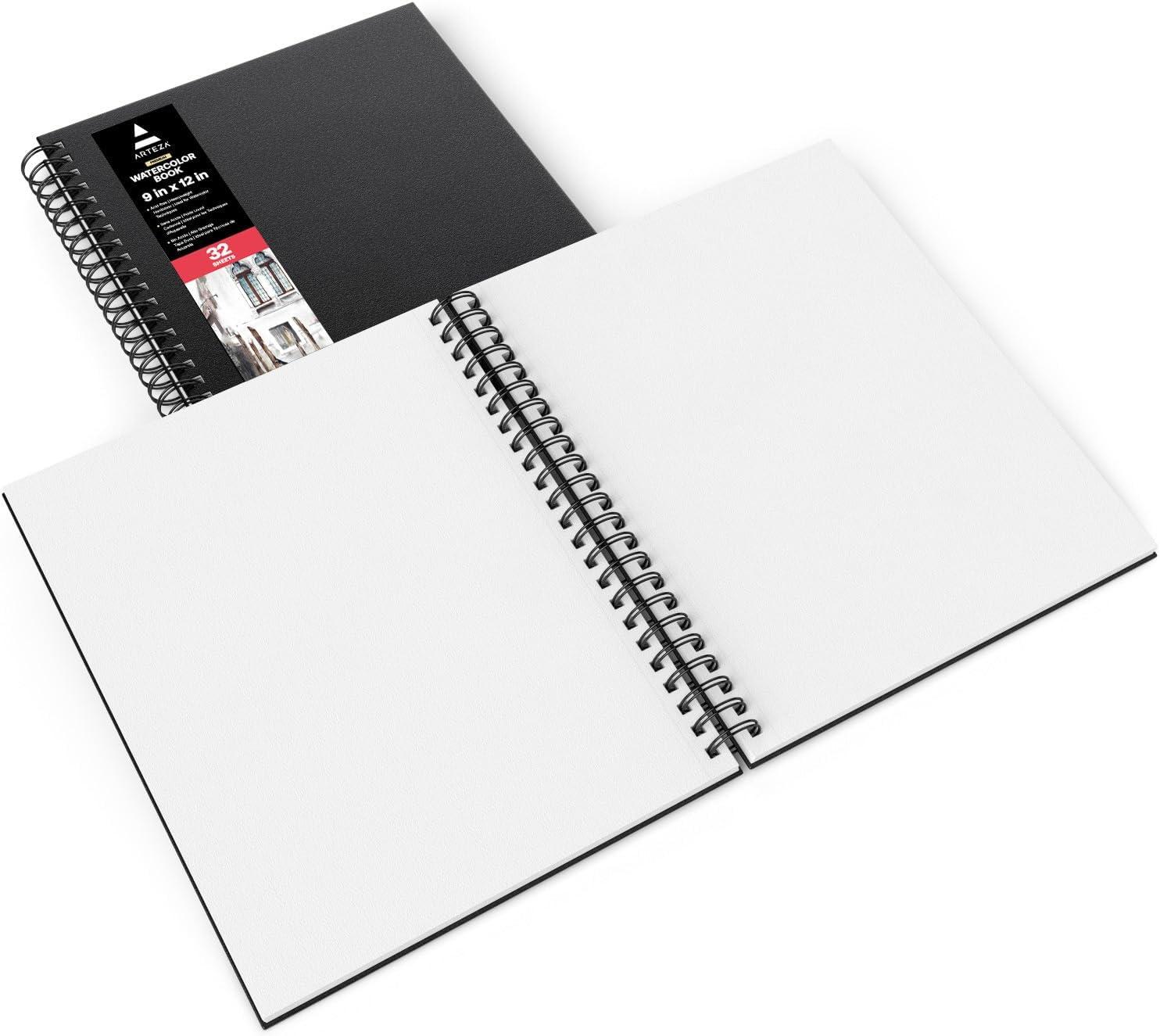 imageARTEZA Watercolor Sketchbook 2Pack 9x12 Inches 64 Pages Each SpiralBound 140 lb Cold Press Paper Gray Hardcover Journal for Mixed MediaBlack