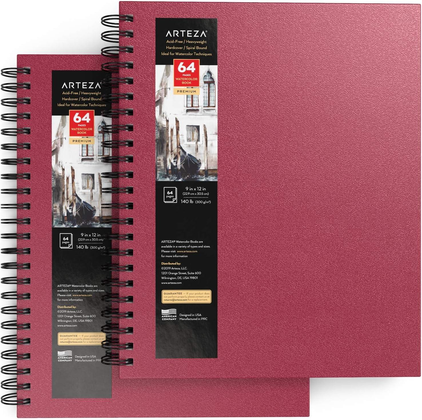 imageARTEZA Watercolor Sketchbook 2Pack 9x12 Inches 64 Pages Each SpiralBound 140 lb Cold Press Paper Gray Hardcover Journal for Mixed MediaPink