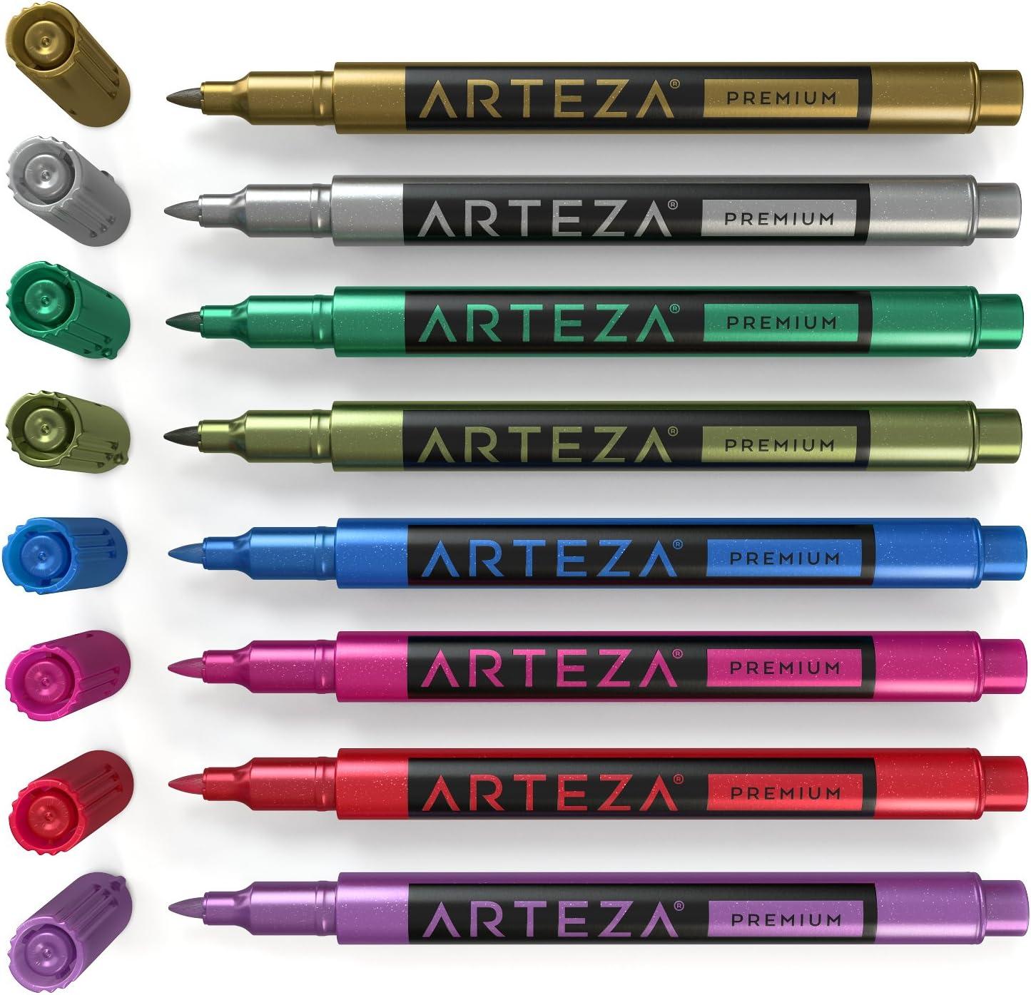 imageARTEZA Wine Glass Markers Set of 8 Washable Metallic Paint Pens QuickDrying Erasable Markers for Glassboards Ceramic Plates Mirrors