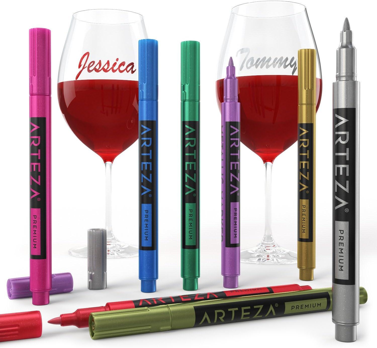 imageARTEZA Wine Glass Markers Set of 8 Washable Metallic Paint Pens QuickDrying Erasable Markers for Glassboards Ceramic Plates Mirrors