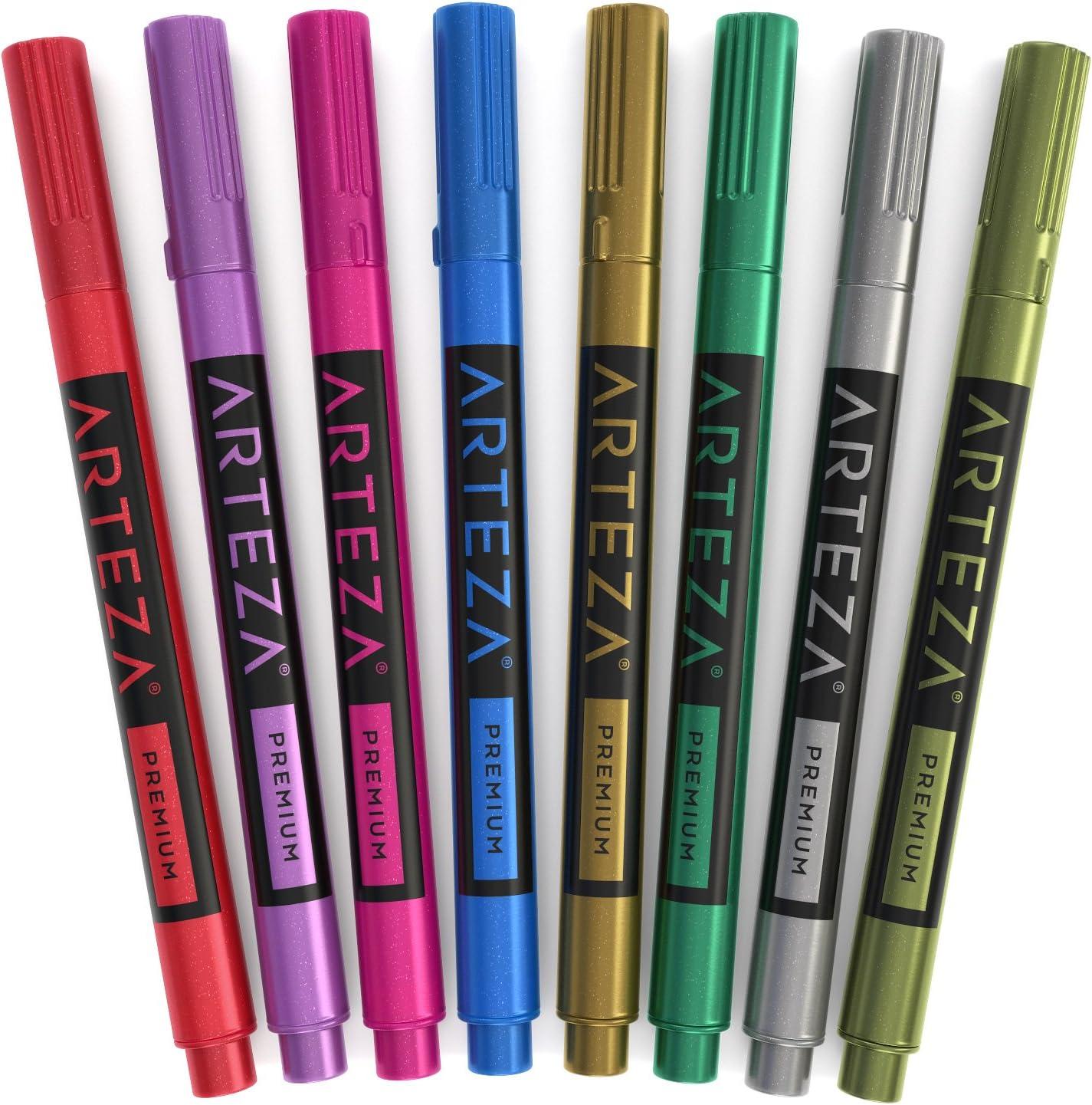 imageARTEZA Wine Glass Markers Set of 8 Washable Metallic Paint Pens QuickDrying Erasable Markers for Glassboards Ceramic Plates Mirrors