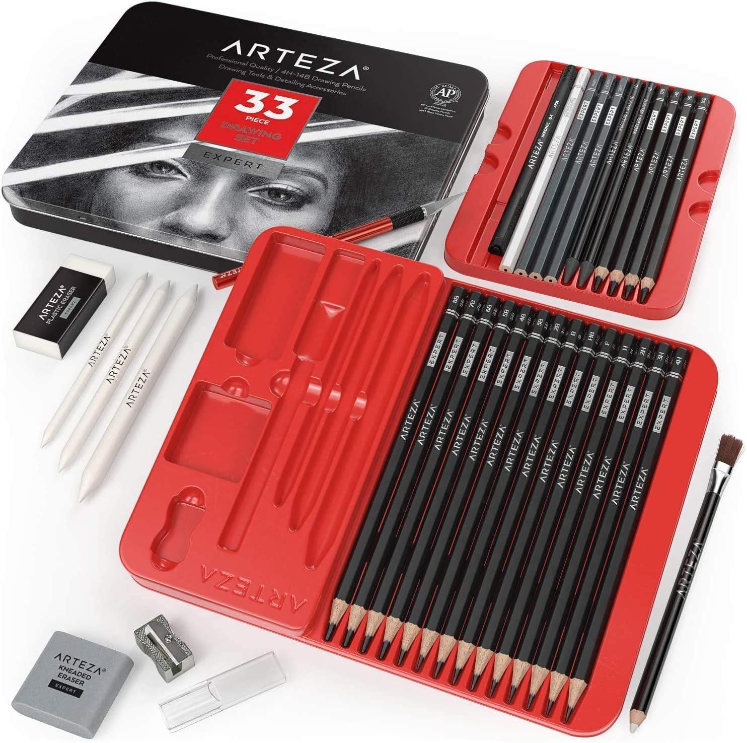 Arteza Drawing Set for Adults, Set of 33 Artist Sketching Tools, 20 ...