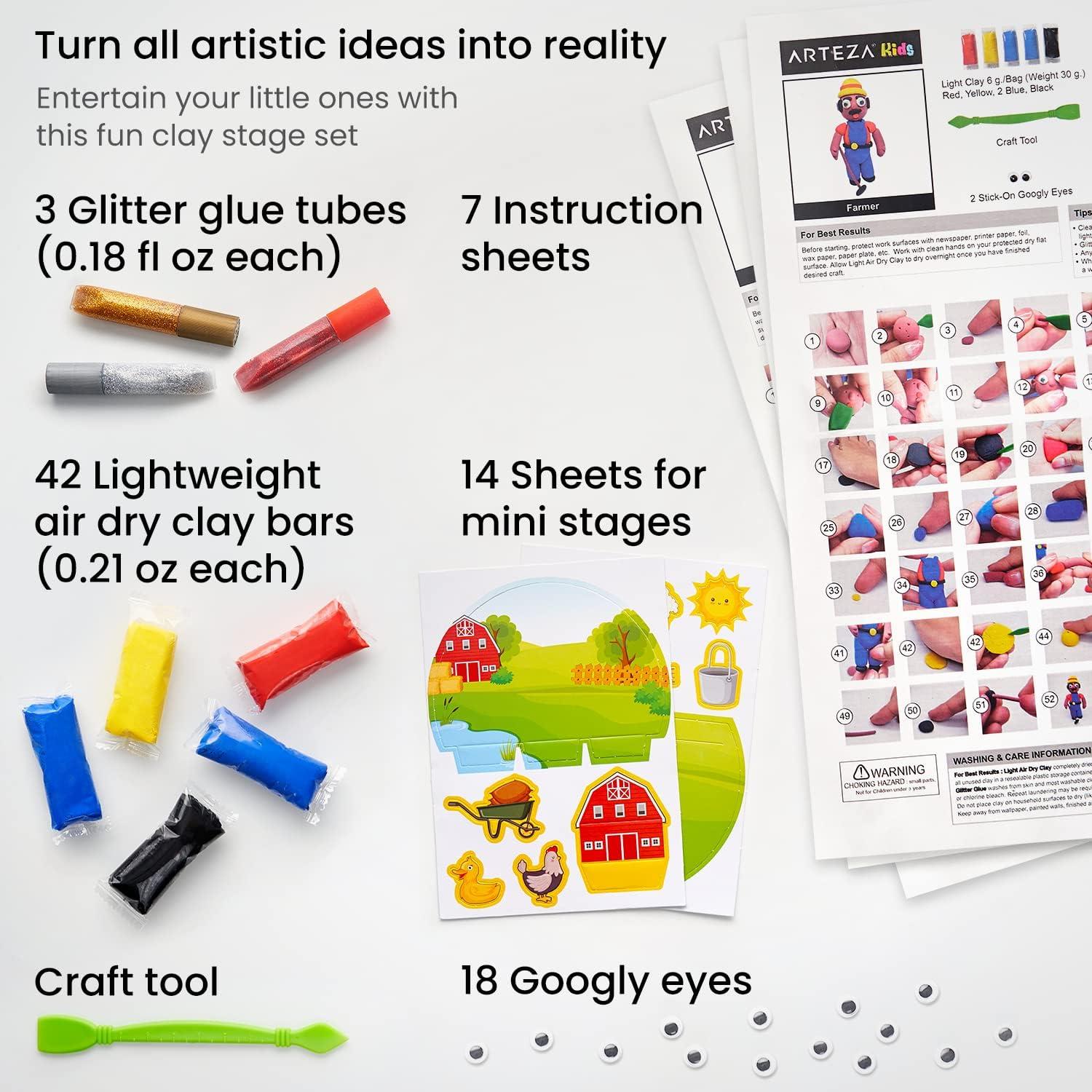 imageArteza Kids Air Dry Clay 42 Bars Safari Stage Modeling Clay Kit 14 MiniStages 14 Googly Eyes 3 Glitter Glues 1 Craft Tool 7 Instruction Sheets Craft Supplies for Learning and DevelopingCareers