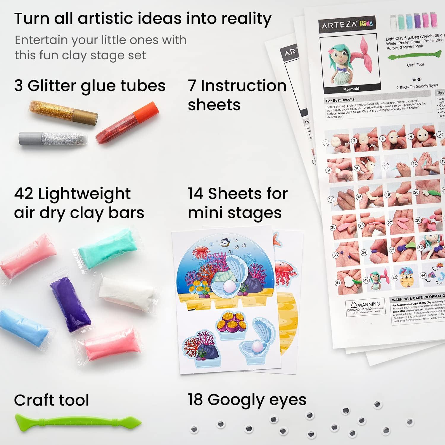 imageArteza Kids Air Dry Clay 42 Bars Safari Stage Modeling Clay Kit 14 MiniStages 14 Googly Eyes 3 Glitter Glues 1 Craft Tool 7 Instruction Sheets Craft Supplies for Learning and DevelopingMagical Creatures