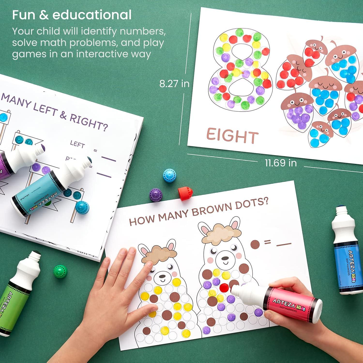 imageArteza Kids Dot Markers with Activity Book 6 Washable Bingo Daubers ampamp 50Page Book NonToxic Art Supplies for Toddlers and Preschool LearningMath Puzzles Games