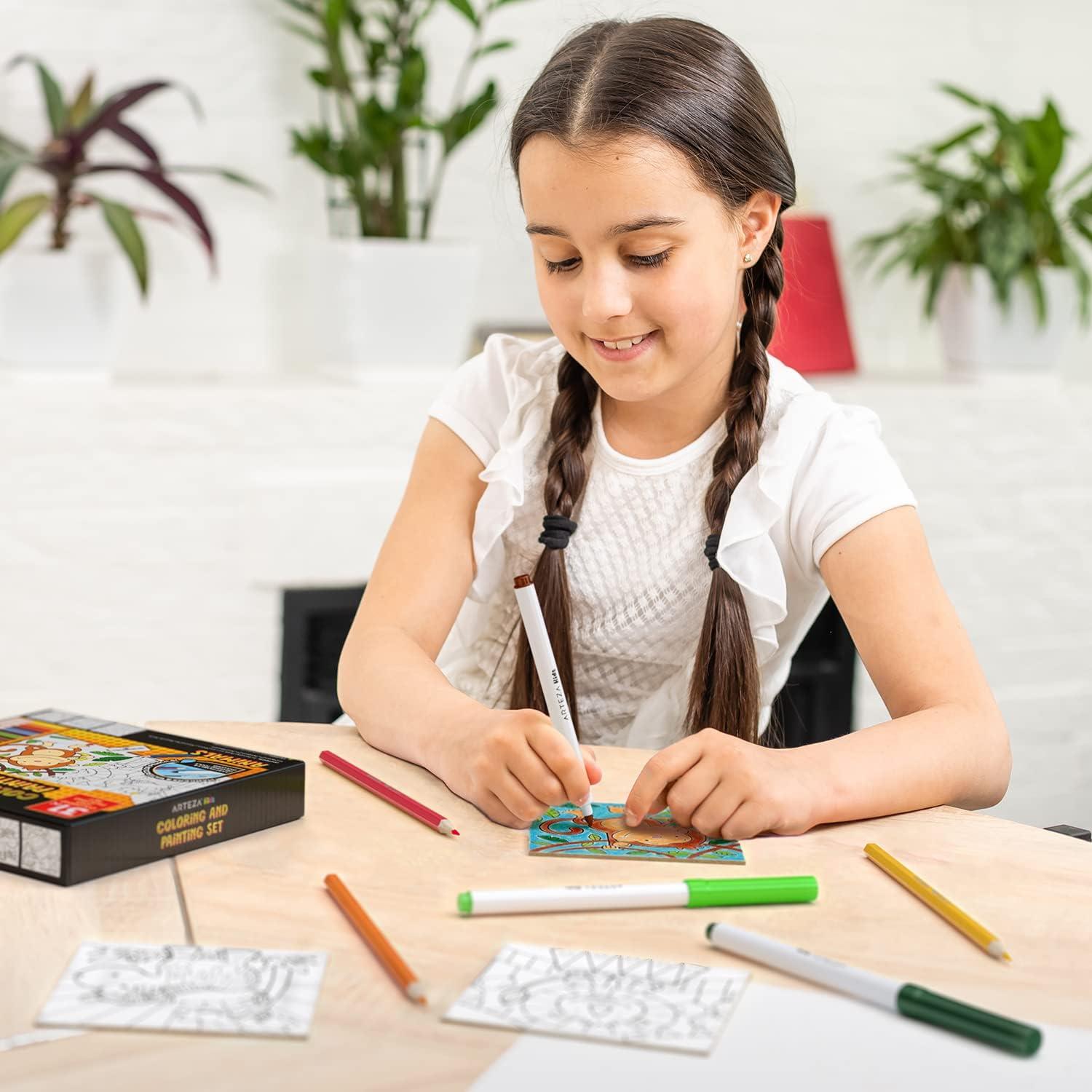 imageArteza Kids Fantasy Coloring Kit 3 Canvases 4 x 4 Inches 10 Markers 16 Watercolor Pencils 1 Paint Brush 1 Sharpener Art Set for Kids ActivitiesAnimals