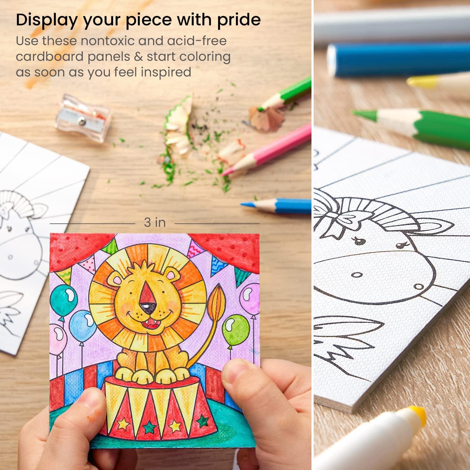 imageArteza Kids Fantasy Coloring Kit 3 Canvases 4 x 4 Inches 10 Markers 16 Watercolor Pencils 1 Paint Brush 1 Sharpener Art Set for Kids ActivitiesAnimals