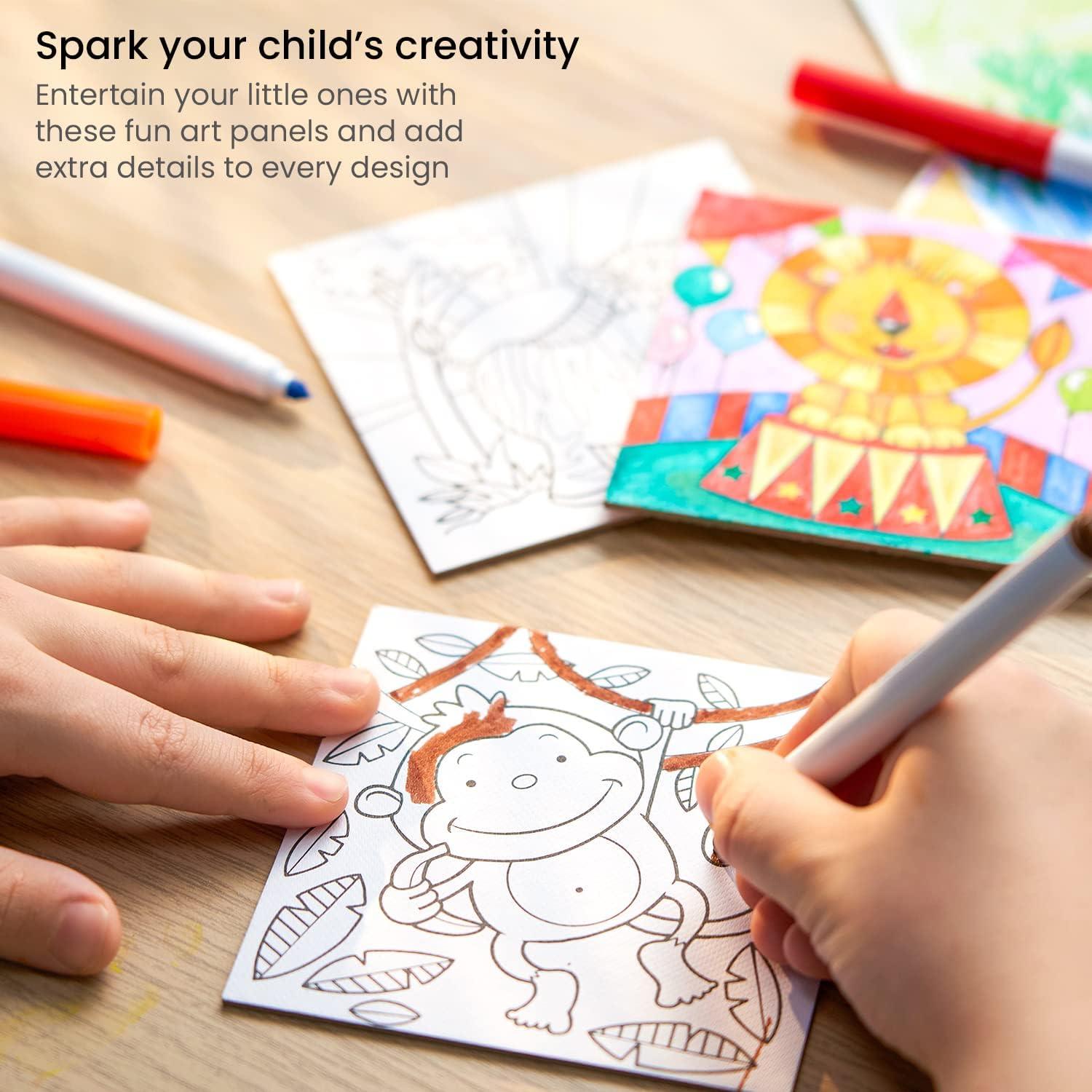 imageArteza Kids Fantasy Coloring Kit 3 Canvases 4 x 4 Inches 10 Markers 16 Watercolor Pencils 1 Paint Brush 1 Sharpener Art Set for Kids ActivitiesAnimals