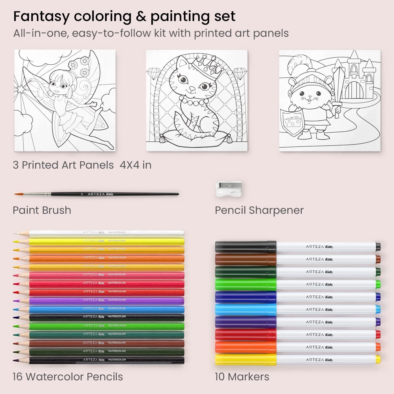 imageArteza Kids Fantasy Coloring Kit 3 Canvases 4 x 4 Inches 10 Markers 16 Watercolor Pencils 1 Paint Brush 1 Sharpener Art Set for Kids ActivitiesFantasy