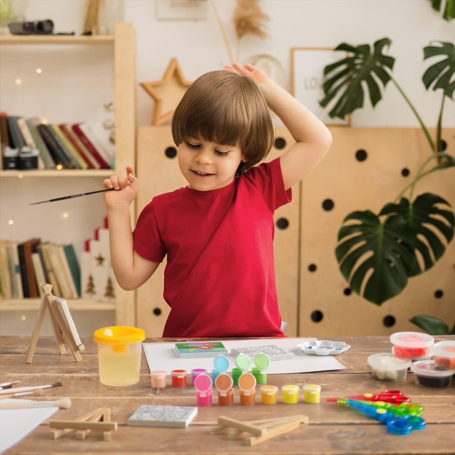 imageArteza Kids Nature Painting Kit 4 Canvases 3 x 3 Inches 4 Easels 12 Acrylic Paints 2 Paint Brushes 1 Palette Kids Activities for Ages 6 and UpNature