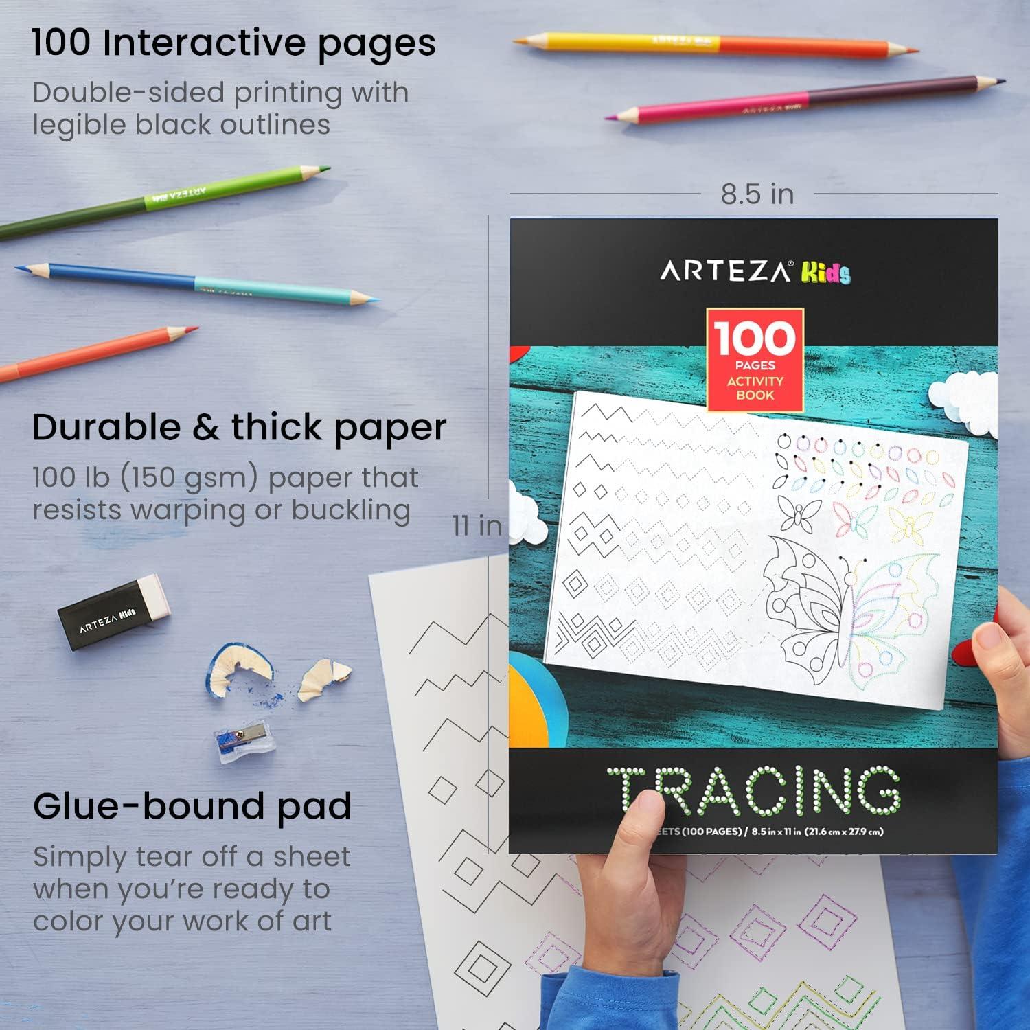 imageArteza Kids Tracing Activity Book School Supplies for Ages 6 and Up 50 DoubleSided Sheets 12 DoubleEnded Colored Pencils Black Marker Eraser Pencil Sharpener