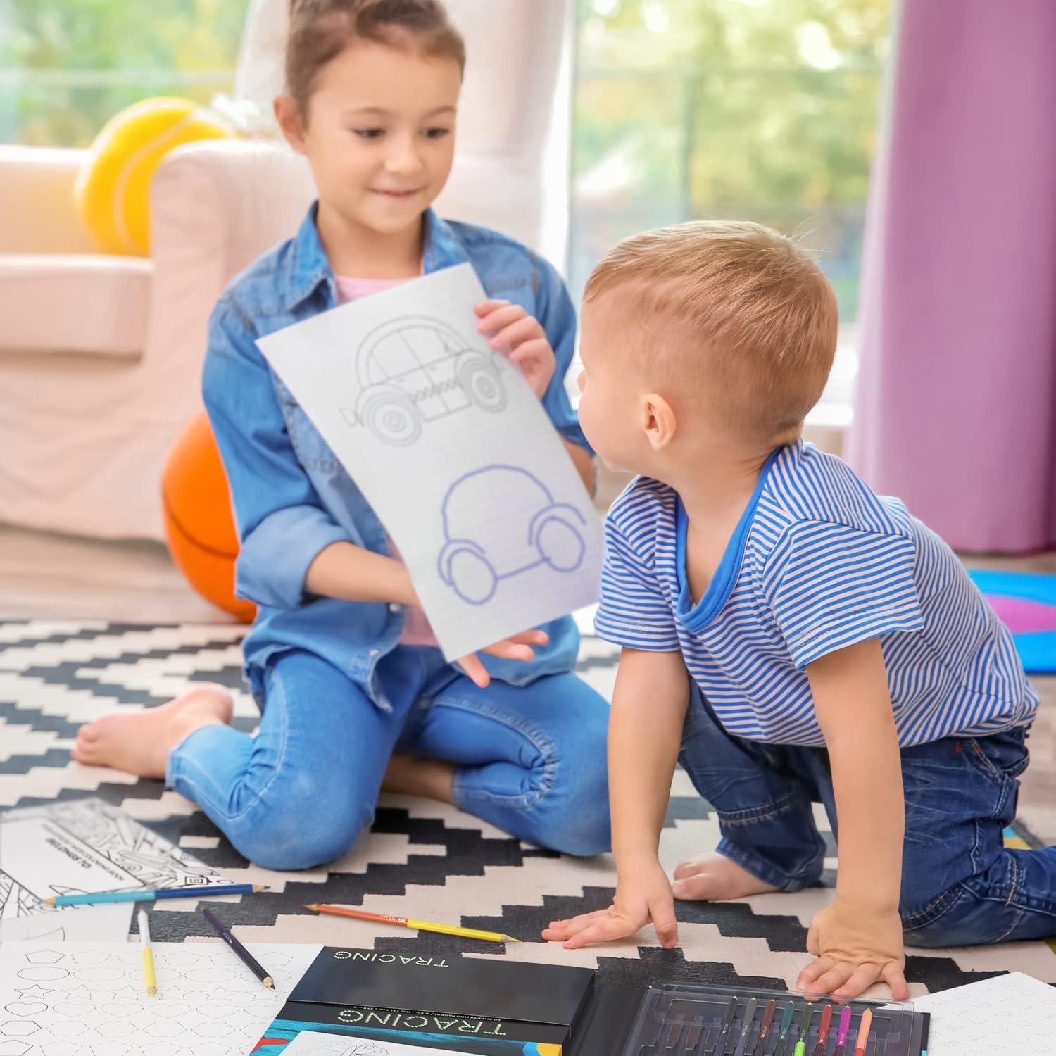 imageArteza Kids Tracing Activity Book School Supplies for Ages 6 and Up 50 DoubleSided Sheets 12 DoubleEnded Colored Pencils Black Marker Eraser Pencil Sharpener