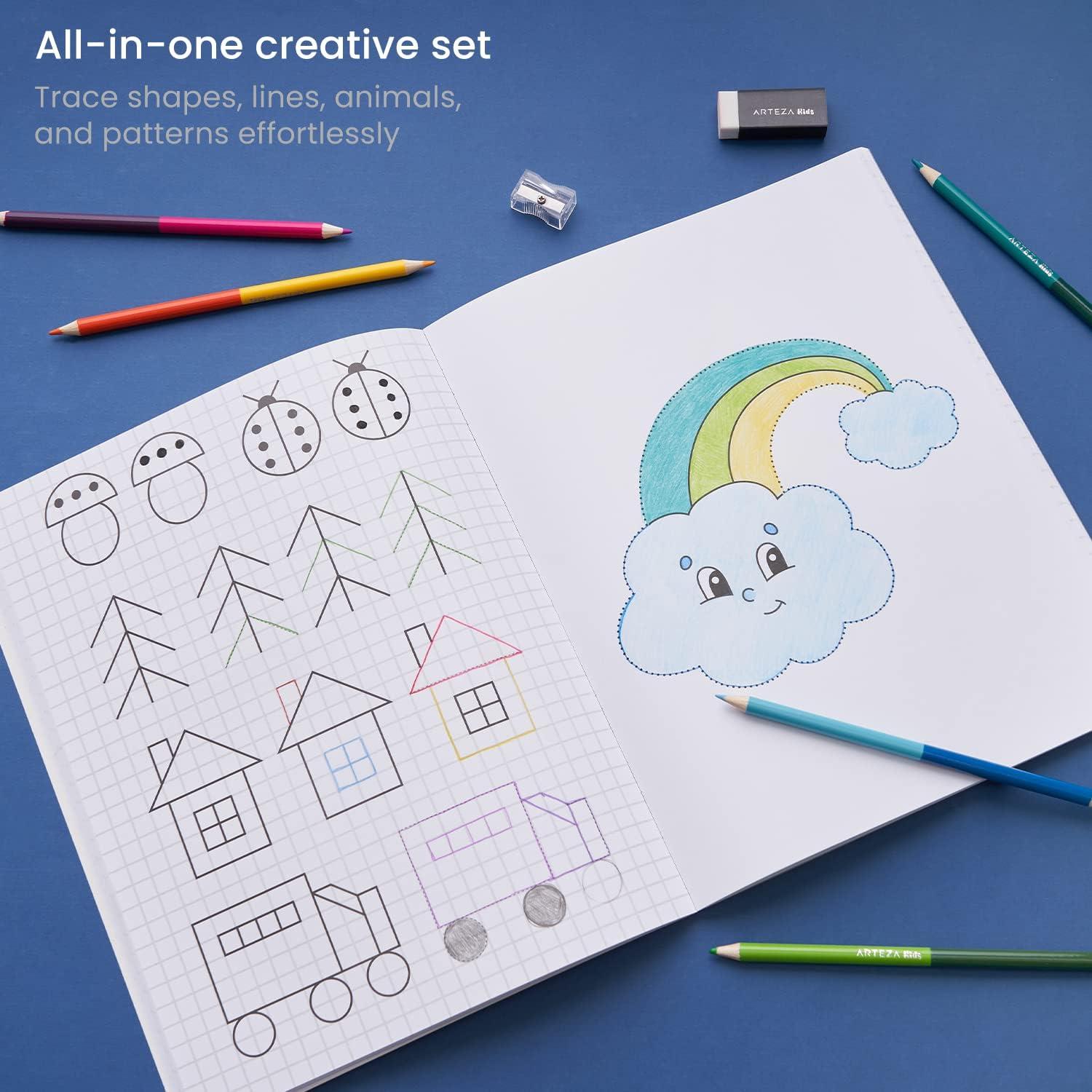 imageArteza Kids Tracing Activity Book School Supplies for Ages 6 and Up 50 DoubleSided Sheets 12 DoubleEnded Colored Pencils Black Marker Eraser Pencil Sharpener