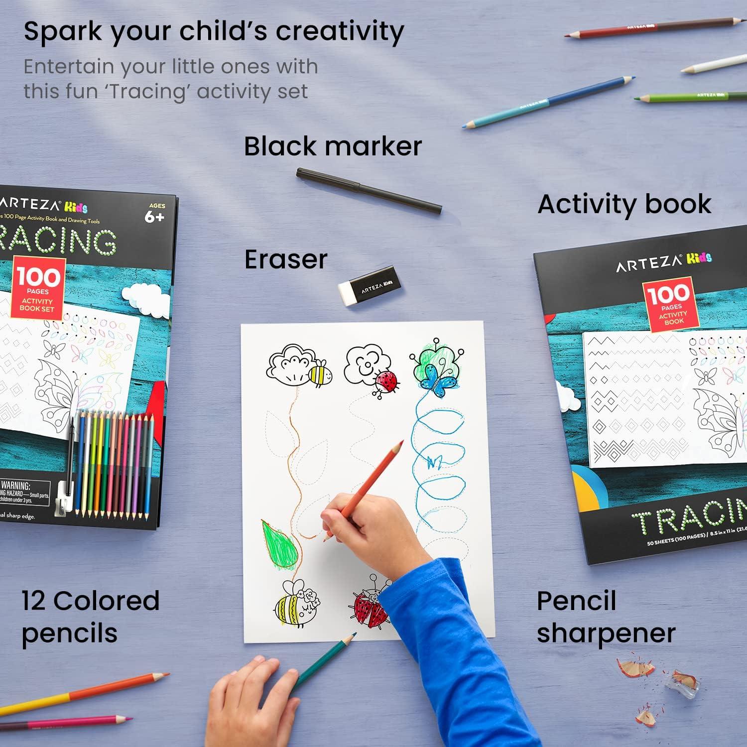 imageArteza Kids Tracing Activity Book School Supplies for Ages 6 and Up 50 DoubleSided Sheets 12 DoubleEnded Colored Pencils Black Marker Eraser Pencil Sharpener