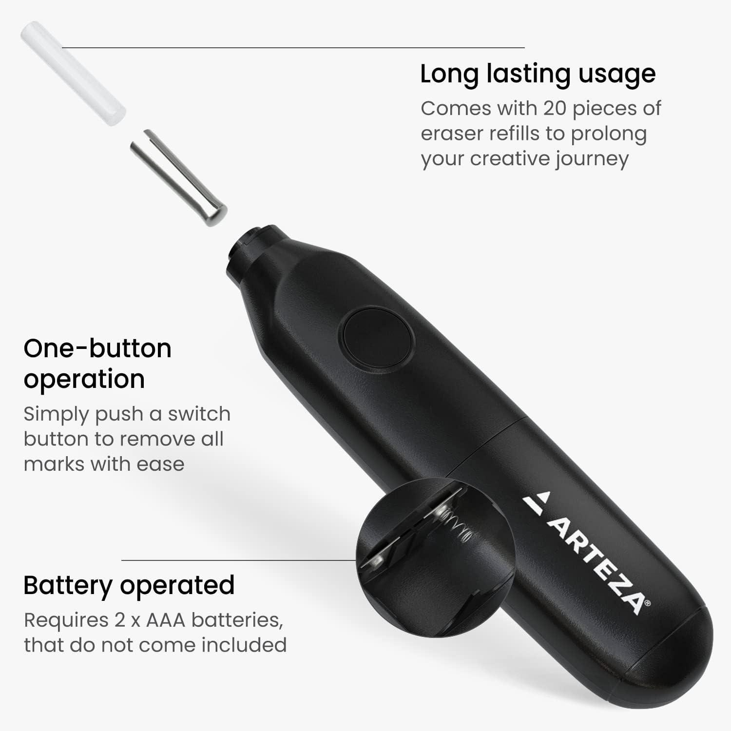 imageArteza Pencil Sharpener and Electric Eraser Set Black for 8mm Pencils 20 Eraser Refills Office Supplies for Teachers Students Classrooms and Art StudiosSharpener and Eraser