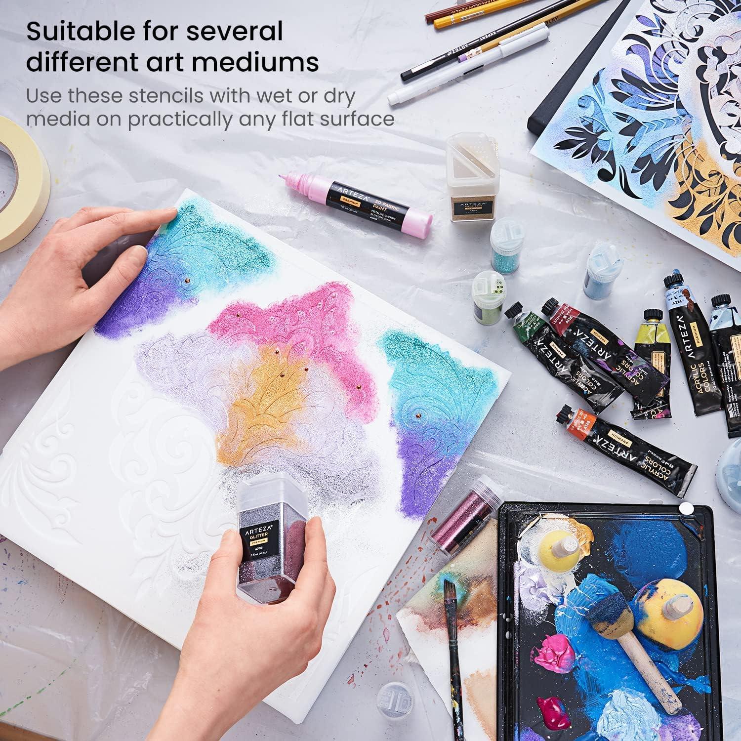 imageArteza Stencils for Painting 12 Unique Holiday Designs 159 x 1378 Inches Thick Plastic Holiday Stencils Art Supplies for Christmas Parties Family ActivitiesMandala Stencils
