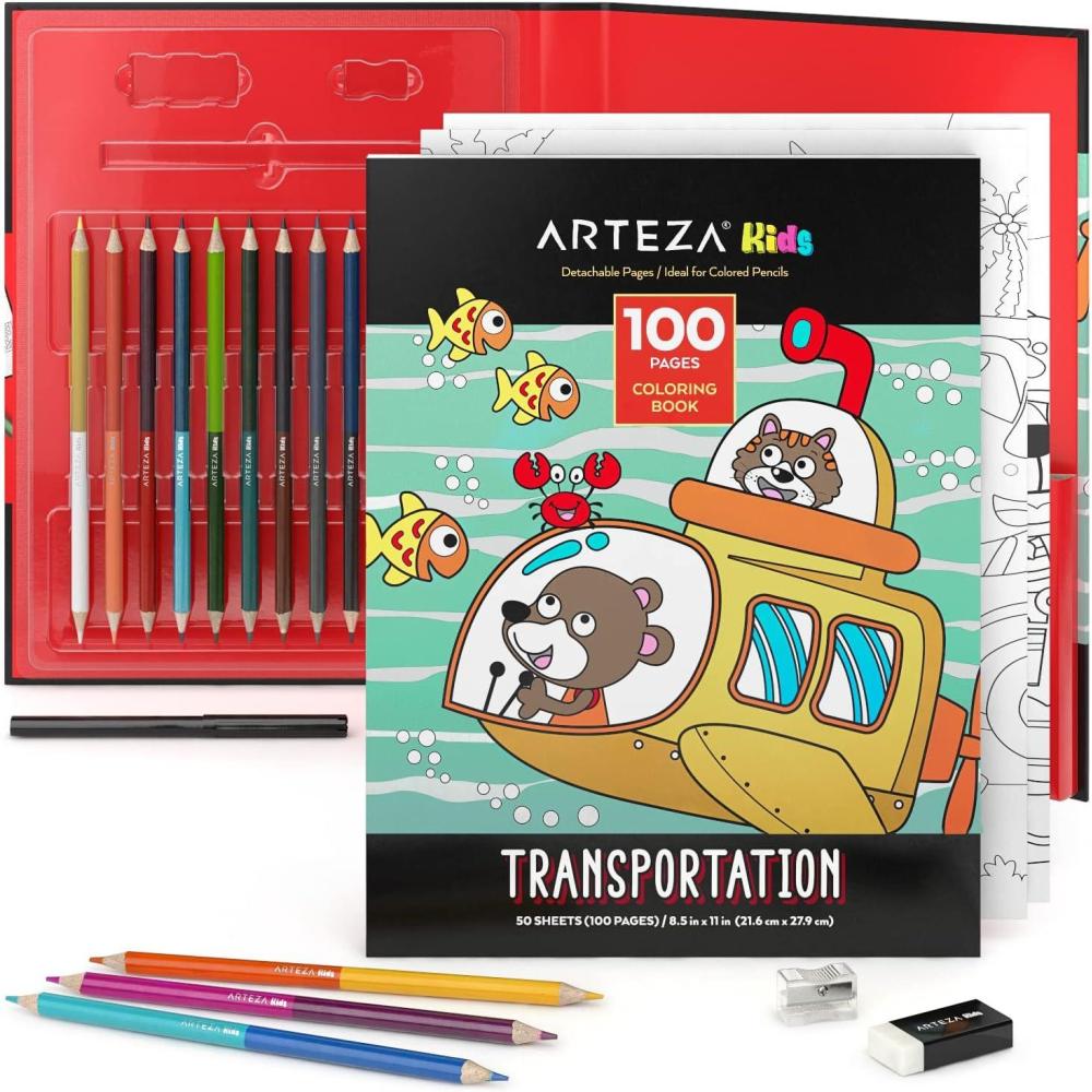 imageARTEZA Kids Coloring Book and Colored Pencils Kit 85x11 Inches Sea Creature Illustrations 50 DoubleSided Coloring Sheets 100lb PaperTransportation Illustrations