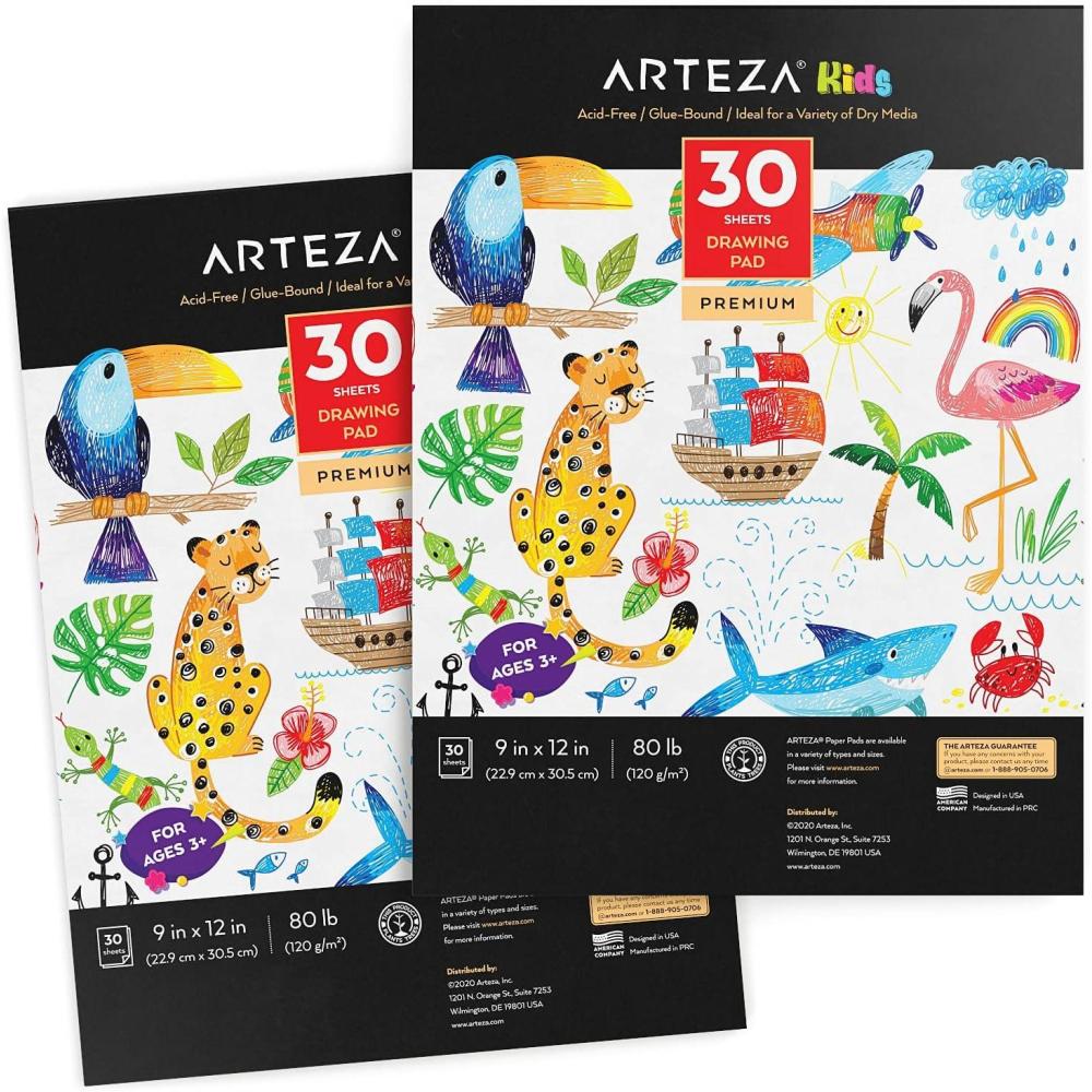 imageARTEZA Kids Drawing Pad Pack of 2 9 x 12 Inches 30 Sheets Each Art Supplies for Drawing and Sketching with Crayons Colored Pencils and Markers