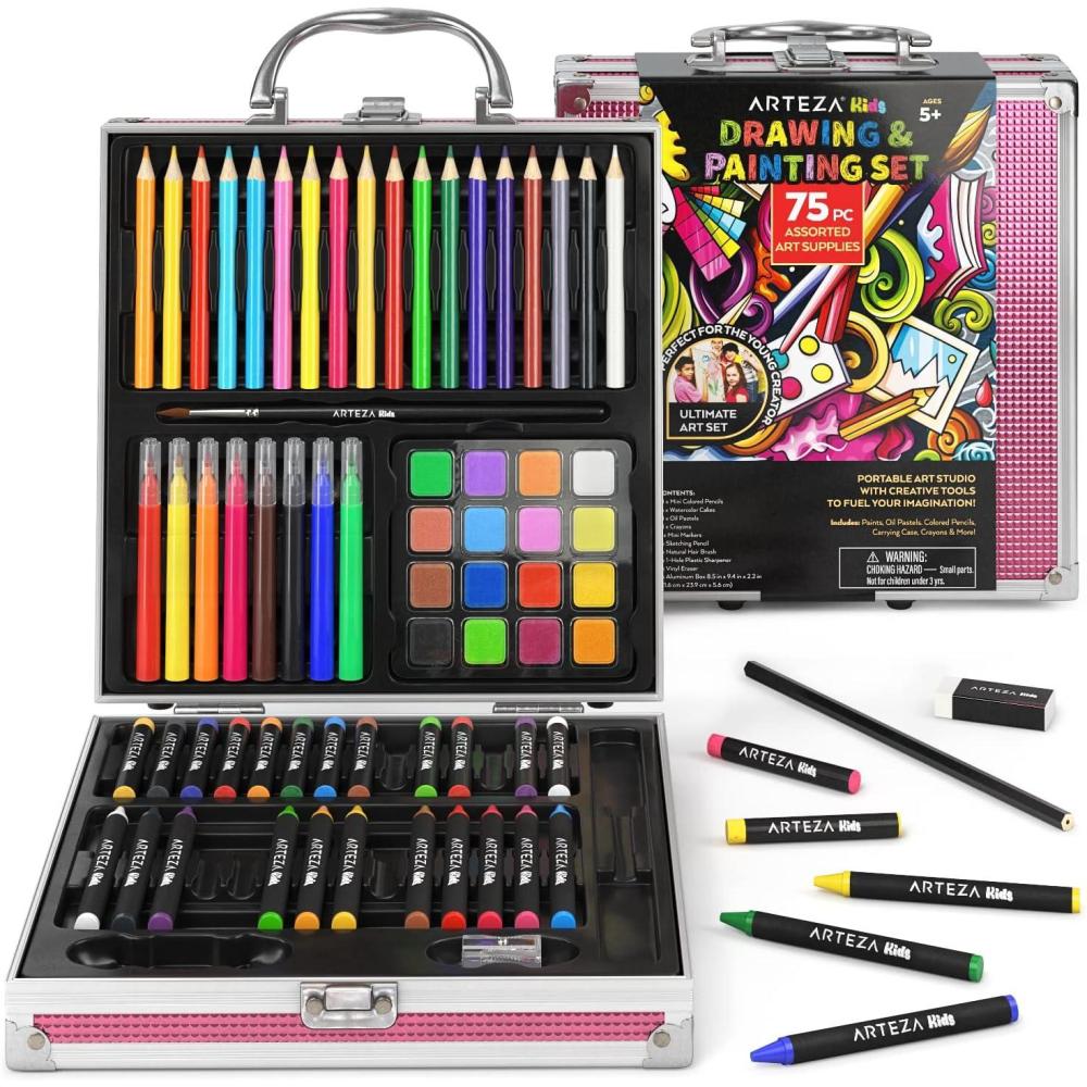 imageARTEZA Kids Painting ampamp Drawing Kit 75Piece Bundle 18 Mini Colored Pencils 16 Watercolor Paints 14 Oil Pastels 14 Crayons