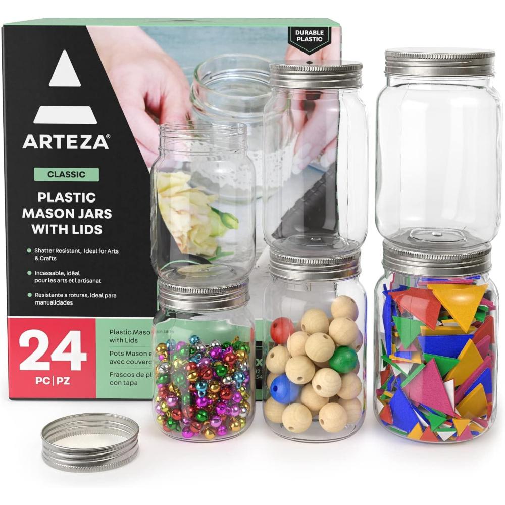 imageARTEZA Mason Jars 12 Regular Mouth Plastic Jars 8 oz 12 oz 16 oz Reusable Lids ShatterResistant Containers for DIY and Home Decor