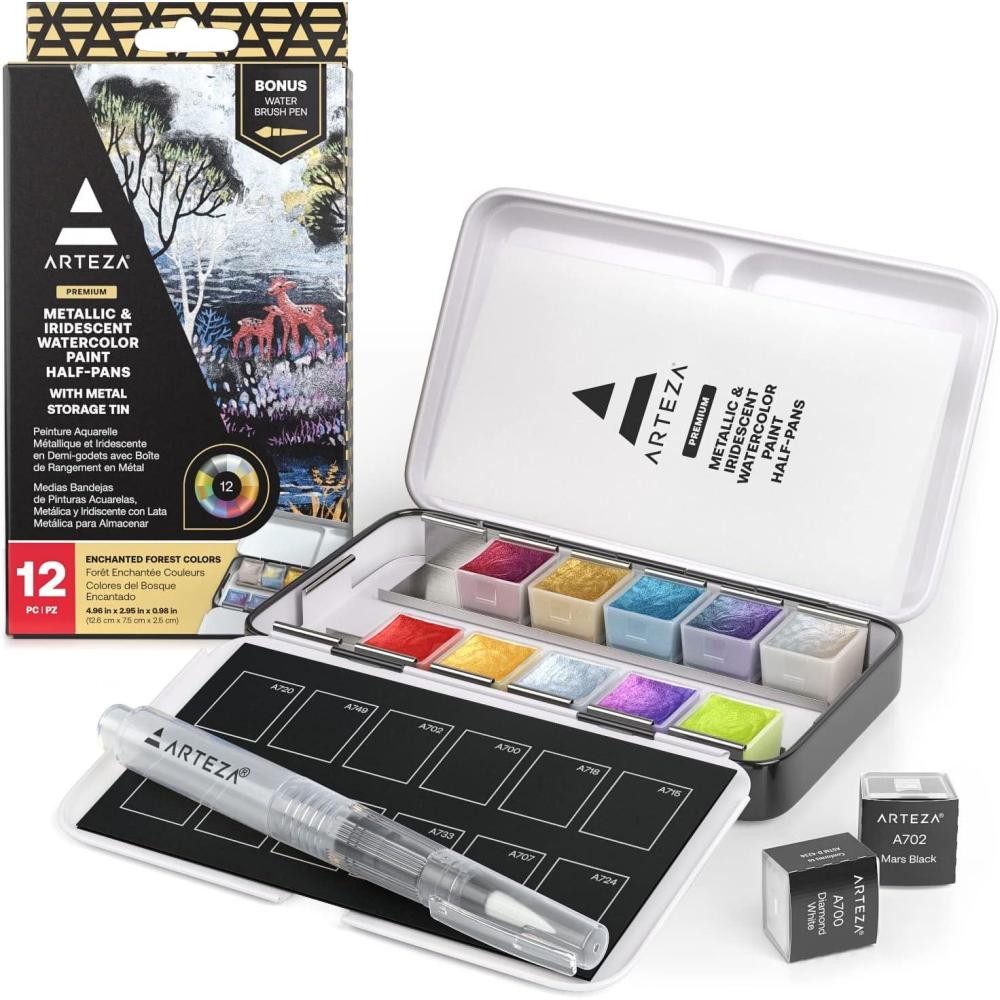 imageARTEZA Metallic Watercolor Paint Set 24 Colors Shimmering Watercolors in Half Pans with Water Brush Pen ampamp Tin Box Luminous HighPigment Paints for Paper ampamp Mixed Media Holiday Gift for ArtistsMetallic  Iridescent  Set of 12