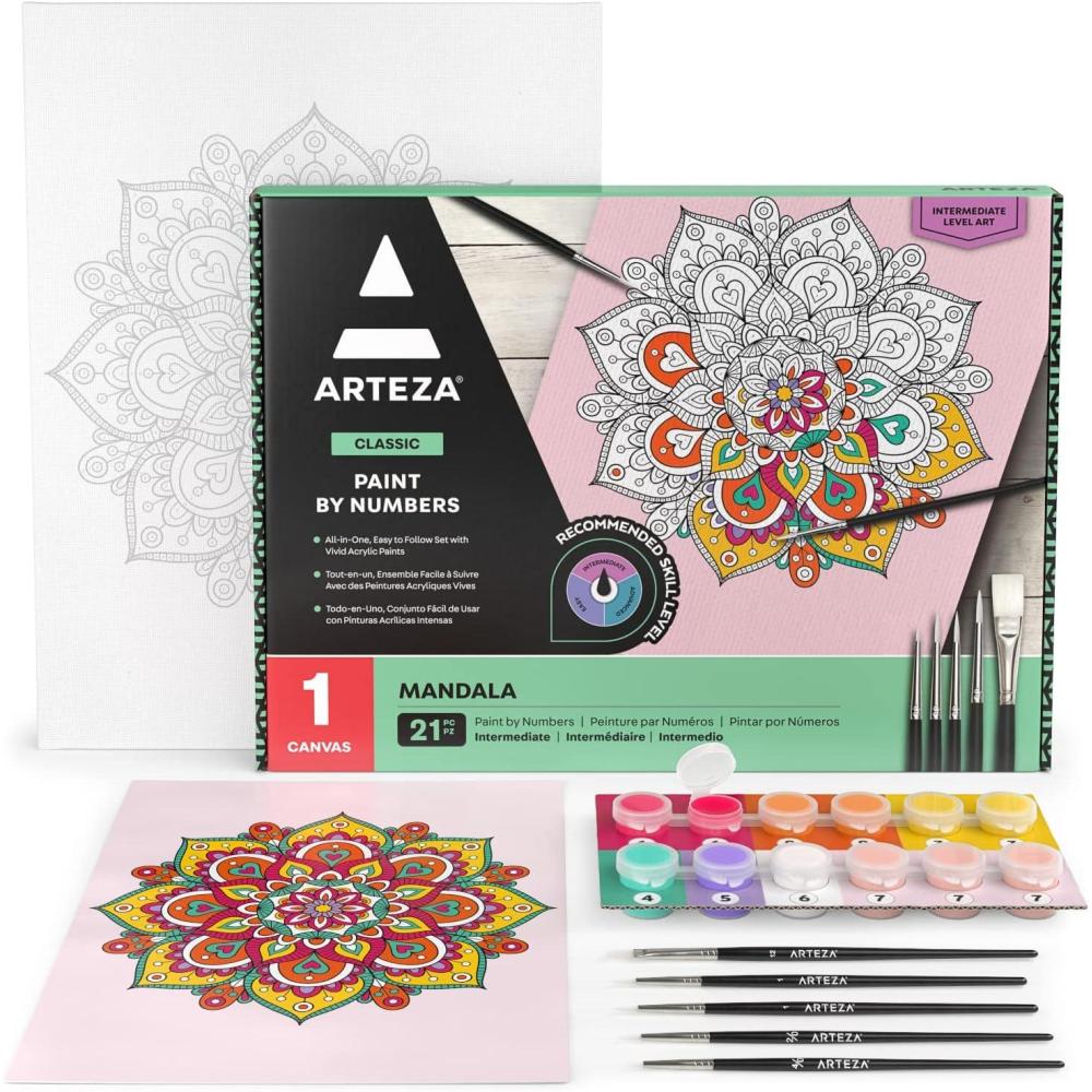 imageARTEZA Paint by Numbers Kit 12x16 Inches 21 Pieces Monstera Canvas Painting Kit Canvas Panel 12 Acrylic Paint Pots 5 Paintbrushes Art Supplies for a Meditative and CalmingMandala