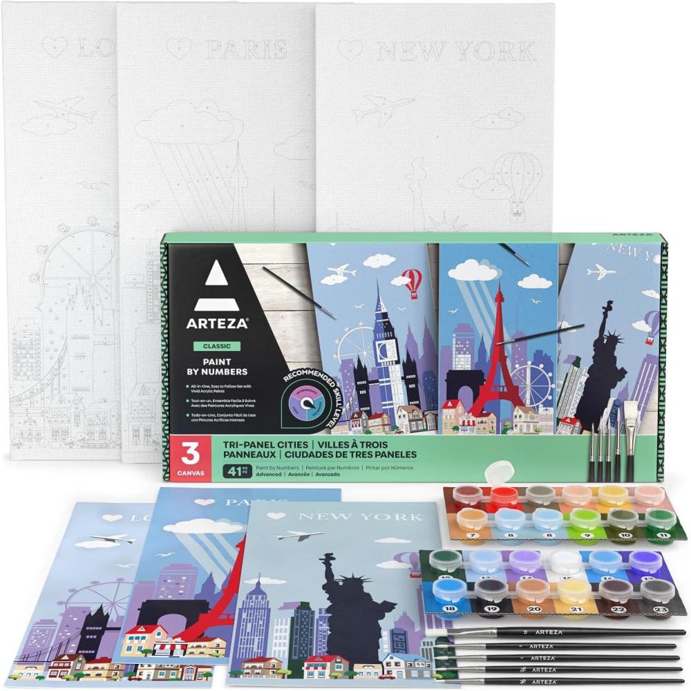 imageARTEZA Paint by Numbers Kit 12x16 Inches 21 Pieces Monstera Canvas Painting Kit Canvas Panel 12 Acrylic Paint Pots 5 Paintbrushes Art Supplies for a Meditative and CalmingTriPanel Cities