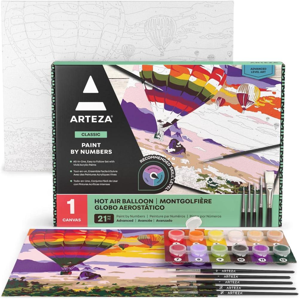 imageARTEZA Paint by Numbers Kit 12x16 Inches 21 Pieces Monstera Canvas Painting Kit Canvas Panel 12 Acrylic Paint Pots 5 Paintbrushes Art Supplies for a Meditative and CalmingHot Air Balloon