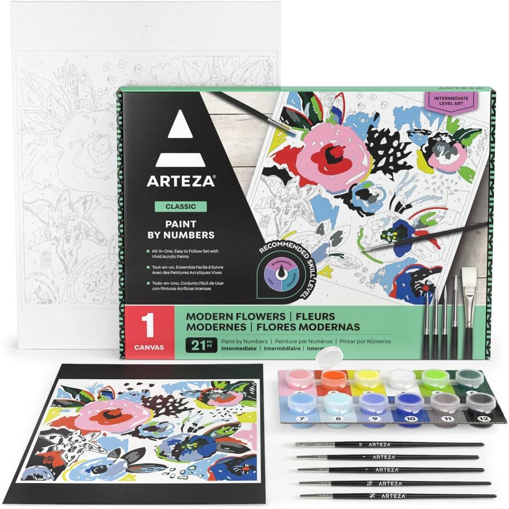 imageARTEZA Paint by Numbers Kit 12x16 Inches 21 Pieces Monstera Canvas Painting Kit Canvas Panel 12 Acrylic Paint Pots 5 Paintbrushes Art Supplies for a Meditative and CalmingFloral Modern