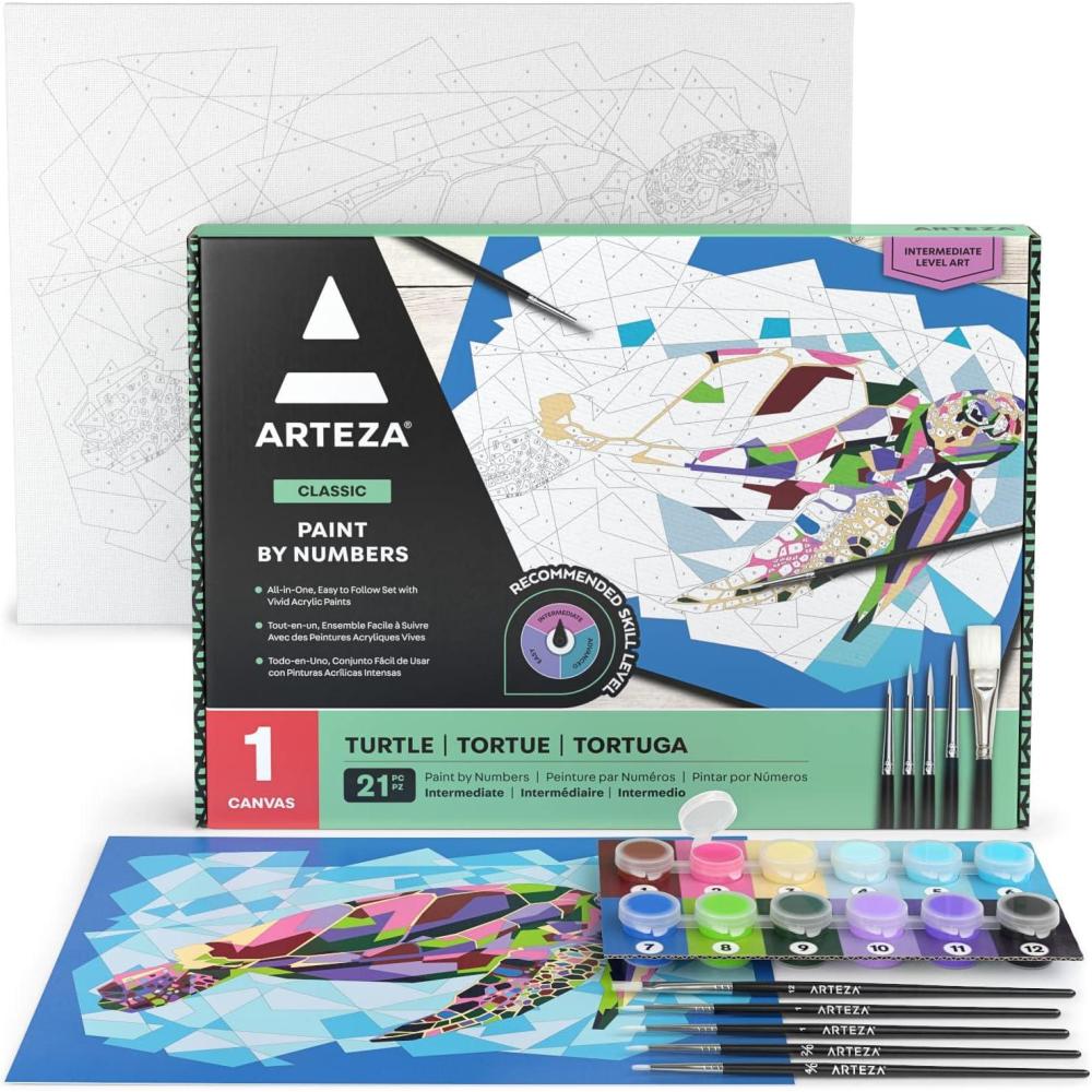 imageARTEZA Paint by Numbers Kit 12x16 Inches 21 Pieces Monstera Canvas Painting Kit Canvas Panel 12 Acrylic Paint Pots 5 Paintbrushes Art Supplies for a Meditative and CalmingTurtle