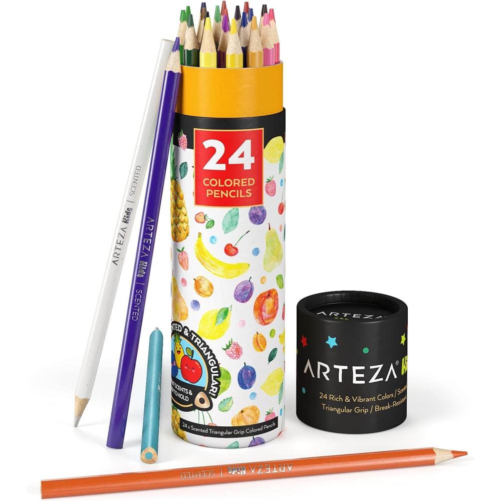 imageARTEZA Scented Colored Pencils for Kids 24 Triangle PreSharpened NonToxic Smelly Pencils for School Drawing Arts ampamp CraftsScented