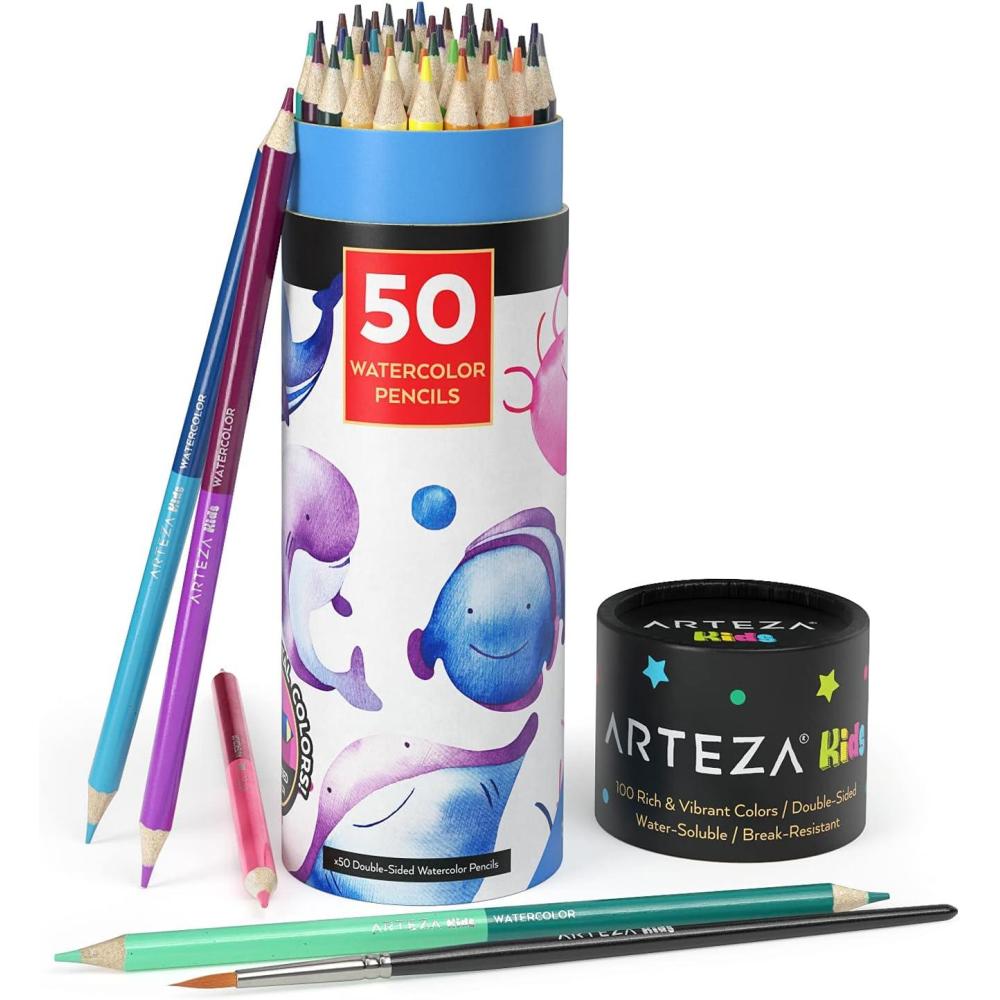 imageARTEZA Scented Colored Pencils for Kids 24 Triangle PreSharpened NonToxic Smelly Pencils for School Drawing Arts ampamp CraftsWatercolor DoubleSided