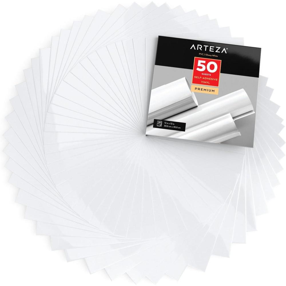 imageARTEZA Self Adhesive Vinyl Sheets 12 x 12 Inches Pack of 50 Glossy White Waterproof and Easy to Weed and Cut SAV for DIY Projects