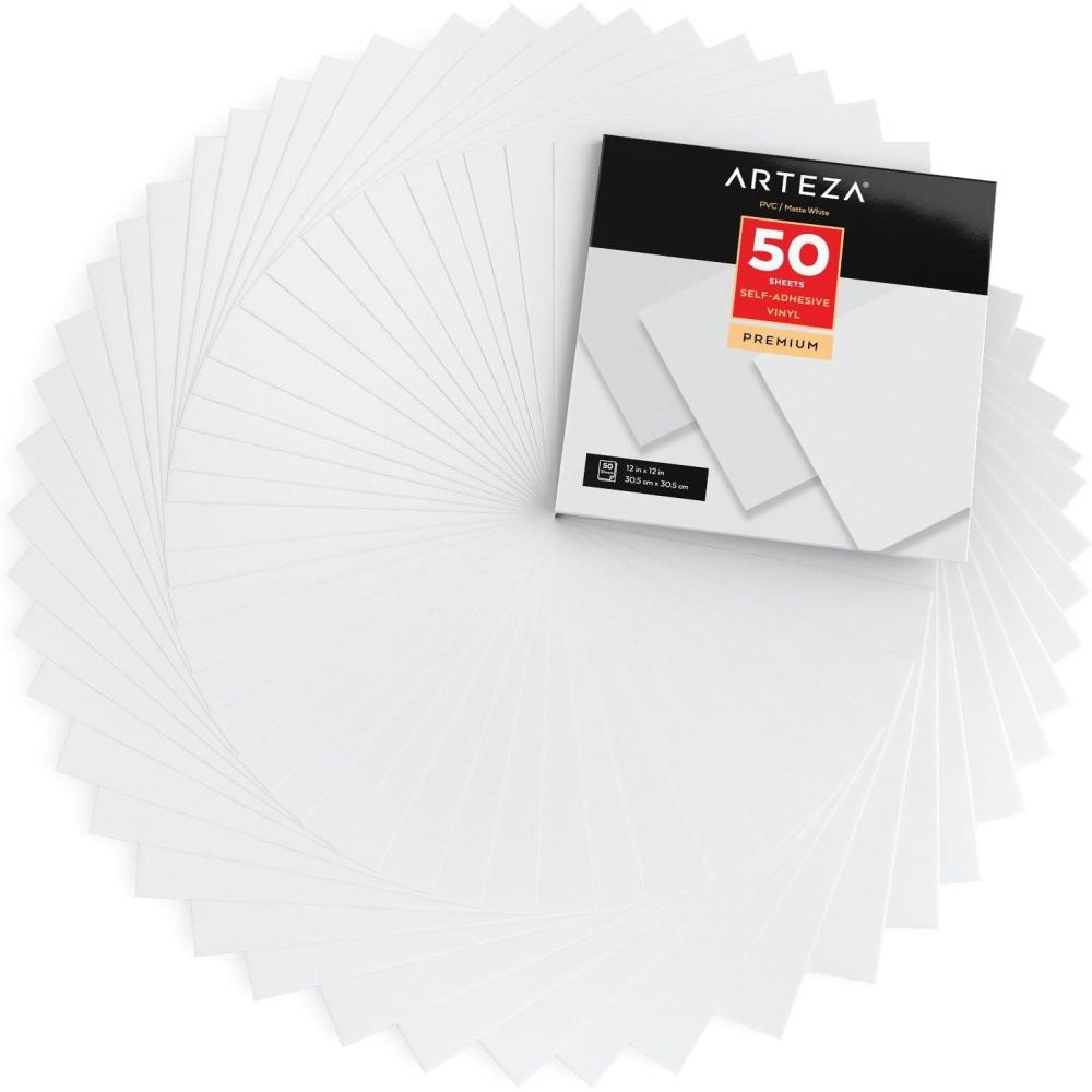 imageARTEZA Self Adhesive Vinyl Sheets 12 x 12 Inches Pack of 50 Matte White Waterproof and Easy to Weed and Cut SAV for DIY Projects