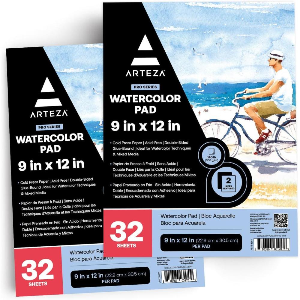 imageARTEZA Watercolor Paper for Kids 2 Pack 30 Sheets Each 9x12 Inches Water Pad 135lb200gsm Glue Bound Acid Free Kids Paper64 Sheets
