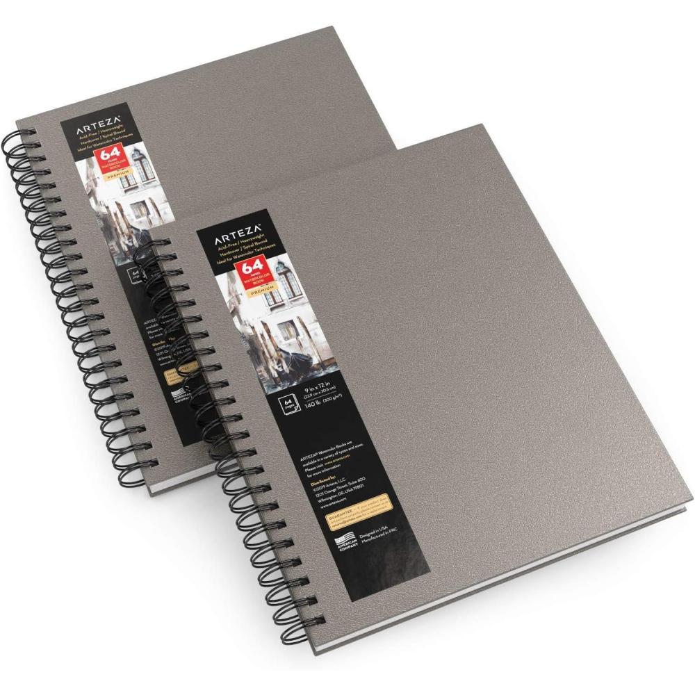 imageARTEZA Watercolor Sketchbook 2Pack 64 Pages Each 9 x 12 Inches Brown Hardcover 140Pound SpiralBound PaperGray