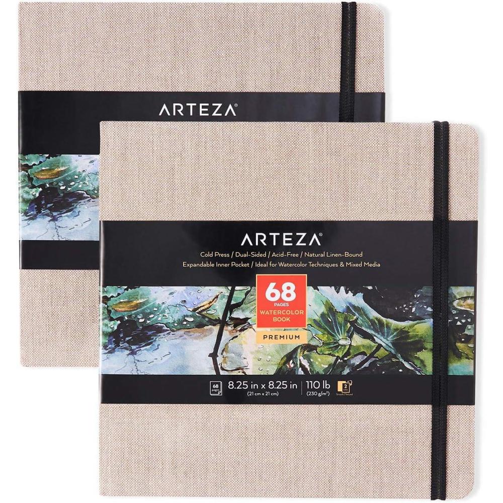 imageARTEZA Watercolor Sketchbook 2Pack 68 Pages Each 825 x 825 Inches Beige Hardcover 110Pound PaperBeige