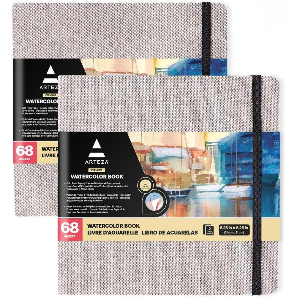 imageARTEZA Watercolor Sketchbook 2Pack 68 Pages Each 825 x 825 Inches Beige Hardcover 110Pound PaperGray