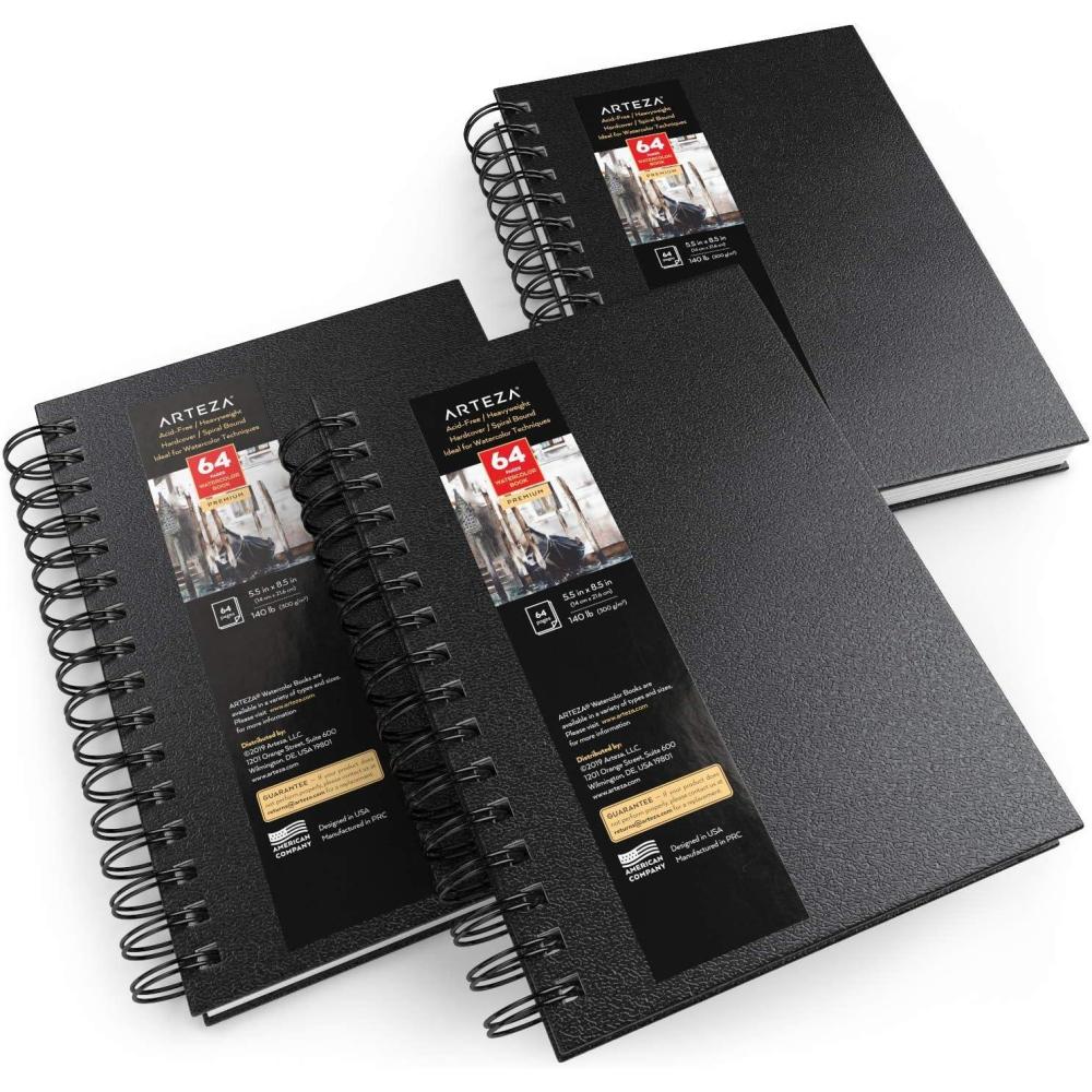 imageARTEZA Watercolor Sketchbook 2Pack 9x12 Inches  64 Pages Each SpiralBound 140 lb Cold Press Paper Gray Hardcover Journal for Mixed MediaBlack
