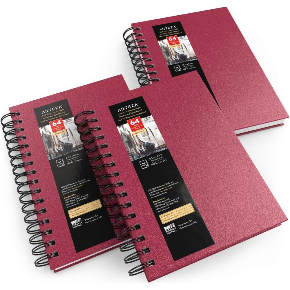 imageARTEZA Watercolor Sketchbook 2Pack 9x12 Inches 64 Pages Each SpiralBound 140 lb Cold Press Paper Gray Hardcover Journal for Mixed MediaPink