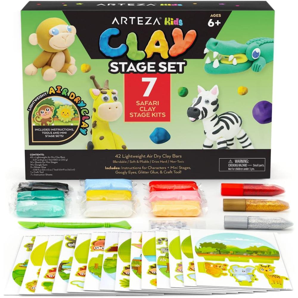 imageArteza Kids Air Dry Clay 42 Bars Safari Stage Modeling Clay Kit 14 MiniStages 14 Googly Eyes 3 Glitter Glues 1 Craft Tool 7 Instruction Sheets Craft Supplies for Learning and DevelopingSmall Safari