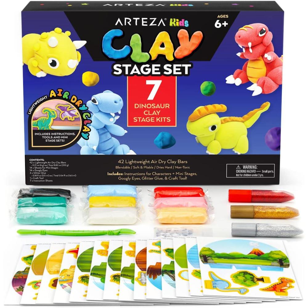 imageArteza Kids Air Dry Clay 42 Bars Safari Stage Modeling Clay Kit 14 MiniStages 14 Googly Eyes 3 Glitter Glues 1 Craft Tool 7 Instruction Sheets Craft Supplies for Learning and DevelopingDinosaurs