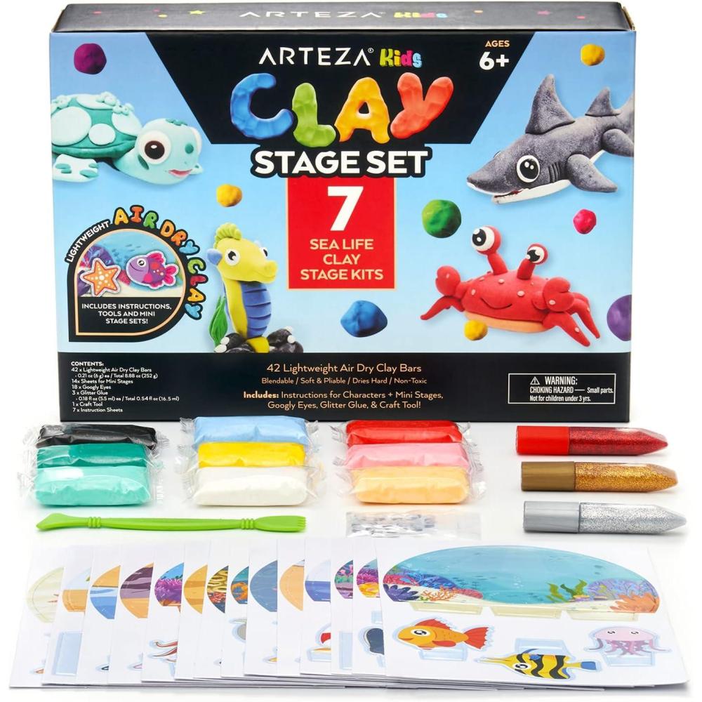 imageArteza Kids Air Dry Clay 42 Bars Safari Stage Modeling Clay Kit 14 MiniStages 14 Googly Eyes 3 Glitter Glues 1 Craft Tool 7 Instruction Sheets Craft Supplies for Learning and DevelopingSea Life Stage