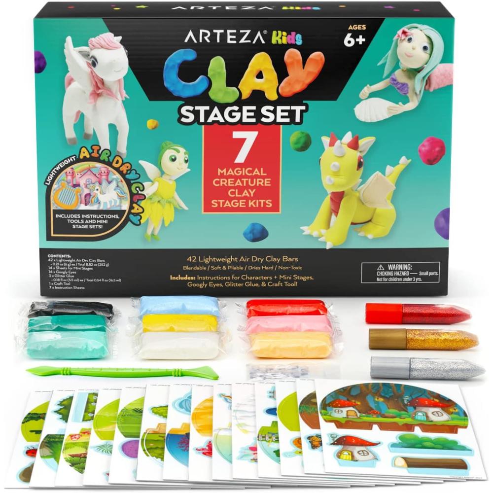 imageArteza Kids Air Dry Clay 42 Bars Safari Stage Modeling Clay Kit 14 MiniStages 14 Googly Eyes 3 Glitter Glues 1 Craft Tool 7 Instruction Sheets Craft Supplies for Learning and DevelopingMagical Creatures