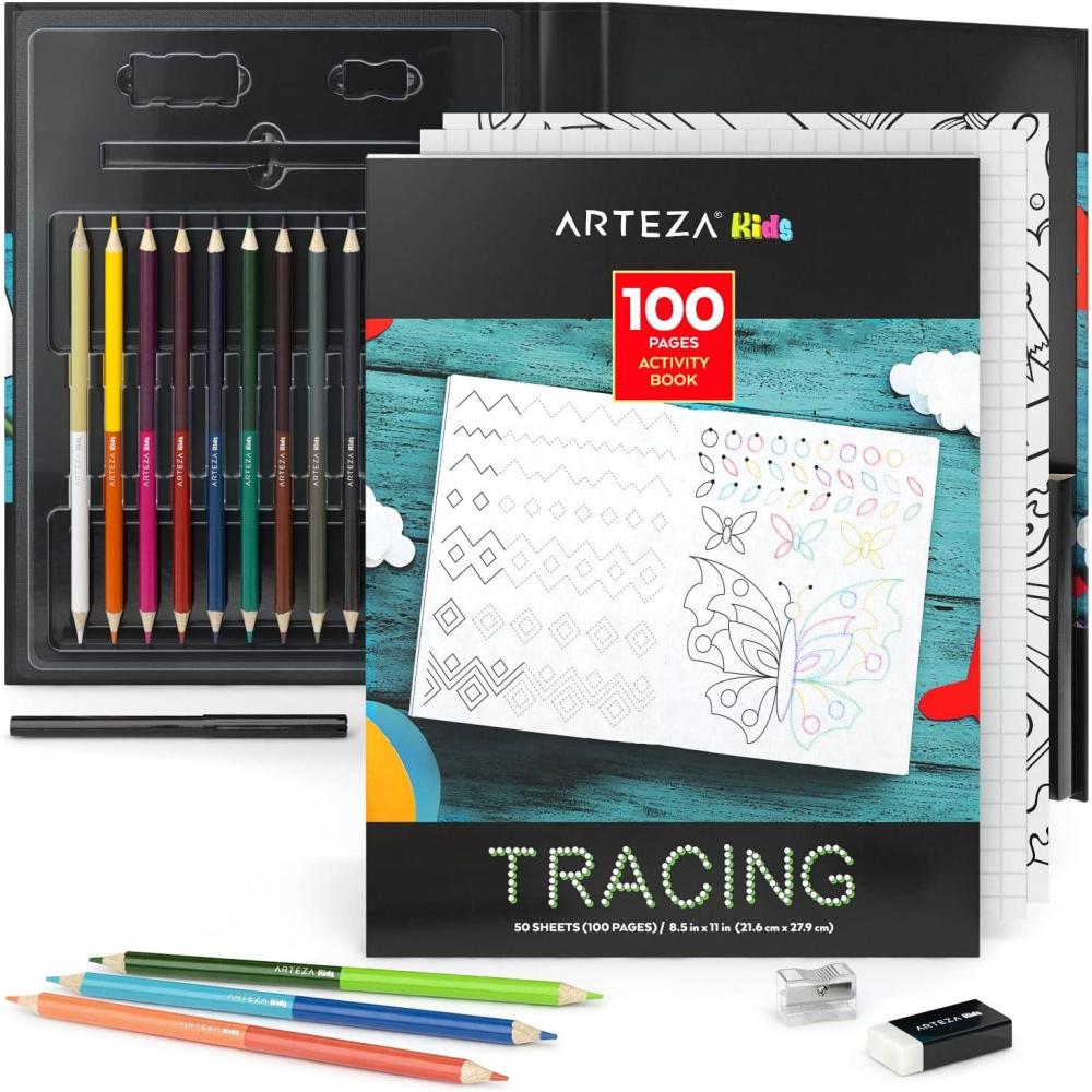 imageArteza Kids Tracing Activity Book School Supplies for Ages 6 and Up 50 DoubleSided Sheets 12 DoubleEnded Colored Pencils Black Marker Eraser Pencil Sharpener