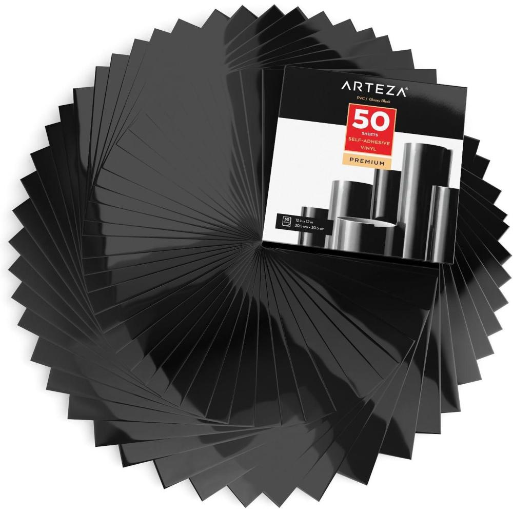 imageArteza Self Adhesive Vinyl Sheets 12quotx12quot Glossy Black Pack of 50 Waterproof and Easy to Weed ampamp Cut for Indoor ampamp Outdoor Projects Compatible with Different Craft Cutters