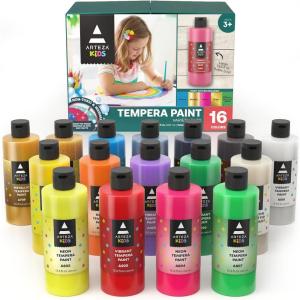 ARTEZA 16 Kids Tempera Paint Set, 13.5 oz/400 ml, Non-Toxic Washable Tempera Paint Bottles, Kids Art Supplies(Set of 16 Assorted)
