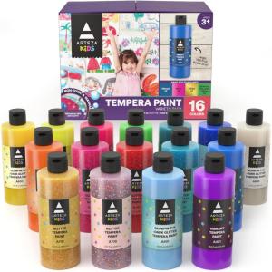 ARTEZA 16 Kids Tempera Paint Set, 13.5 oz/400 ml, Non-Toxic Washable Tempera Paint Bottles, Kids Art Supplies(Set of 16 Multicolor)