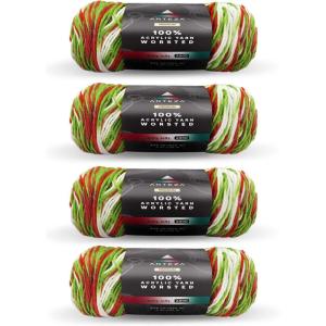 ARTEZA Acrylic Yarn for Crocheting, 4 x 200-g Skeins of Worsted Yarn for Knitting, Mossy A602, Knitting & Crochet Supplies(Holly Jolly)